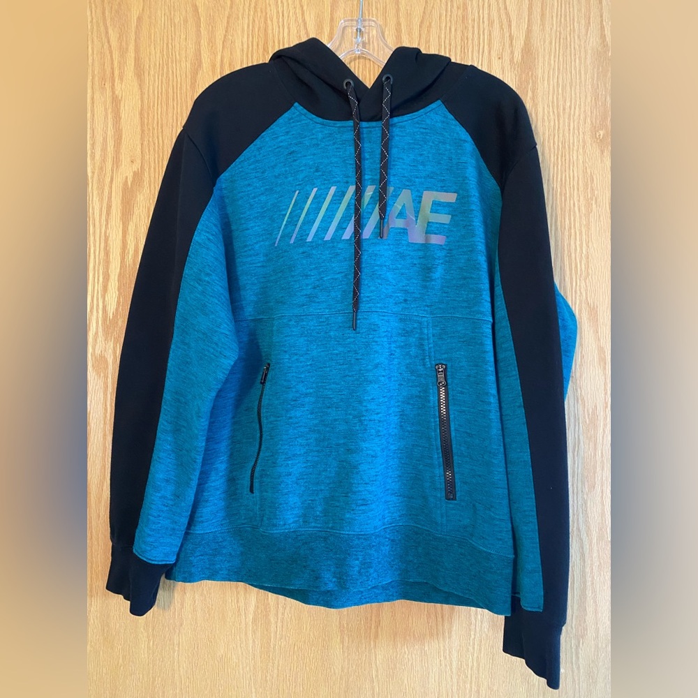 American Eagle active flex hoodie black and blue/green mens size medium